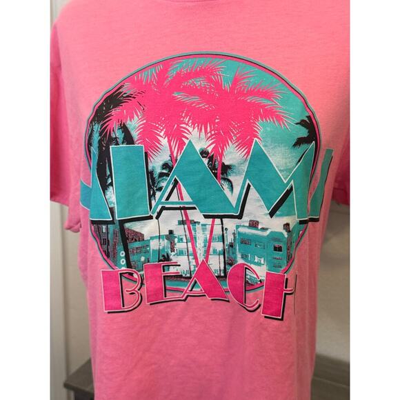 MIAMI BEACH Neon Pink Teal Graphic Tee T-Shirt Unisex size M - Picture 3 of 6